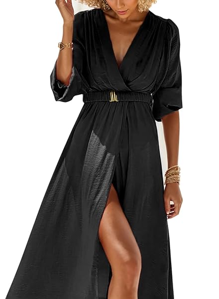 ZADORN SUMMER DRESSES FOR WOMEN 2024 CASUAL BEACH WEDDING GUEST DRESSES FOR WOMEN MAXI SUNDRESSES V NECK 3/4 SLEEVE SPLIT HEM ELASTIC WAIST BELTED WRAP PARTY COCKTAIL TRAVEL VACATION OUTFIT BLACK