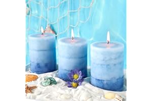 FLAVCHARM 3x4 inch Blue Pillar Candles for Home Scented 3 Pack Lilac Garden Scented Long-Lasting Hand-Poured Candle Coastal Decoration Gifts for Women Wedding Party Shower Bathroom Decor