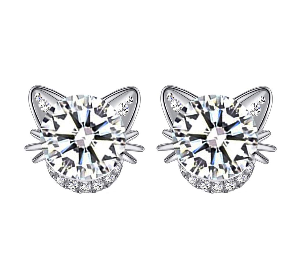 MixiuEuro Women Girls Cat Stud Earrings 925 Sterling Silver Cubic Zirconia Cat Heart love Stud Earrings Jewellery Gift For Girls Child