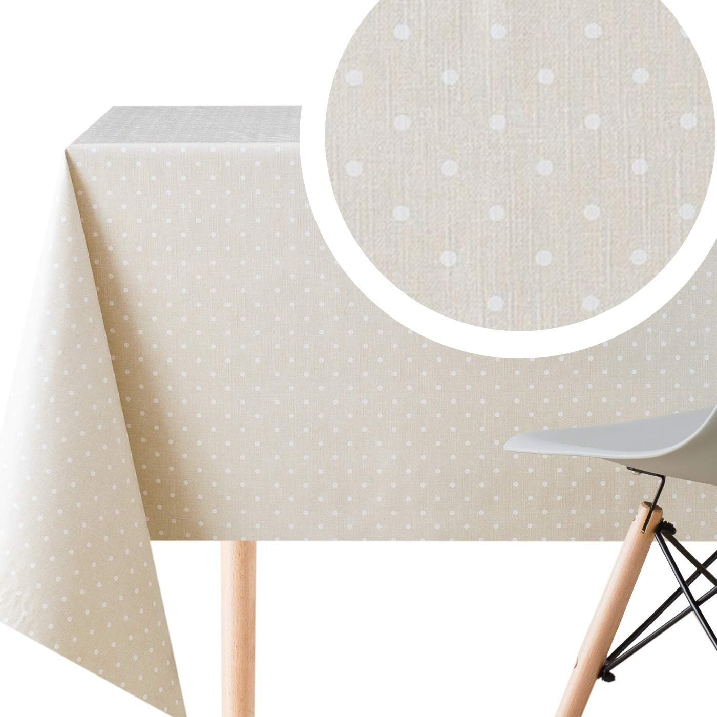 Spotted Cream Polka Dot Design Wipe Clean Tablecloth Beige with White