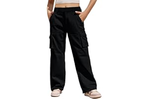 Haloumoning Girls Cargo Pants Casual Baggy Wide Leg Elastic Waist Jogger Trousers with Pockets 5-14 Years