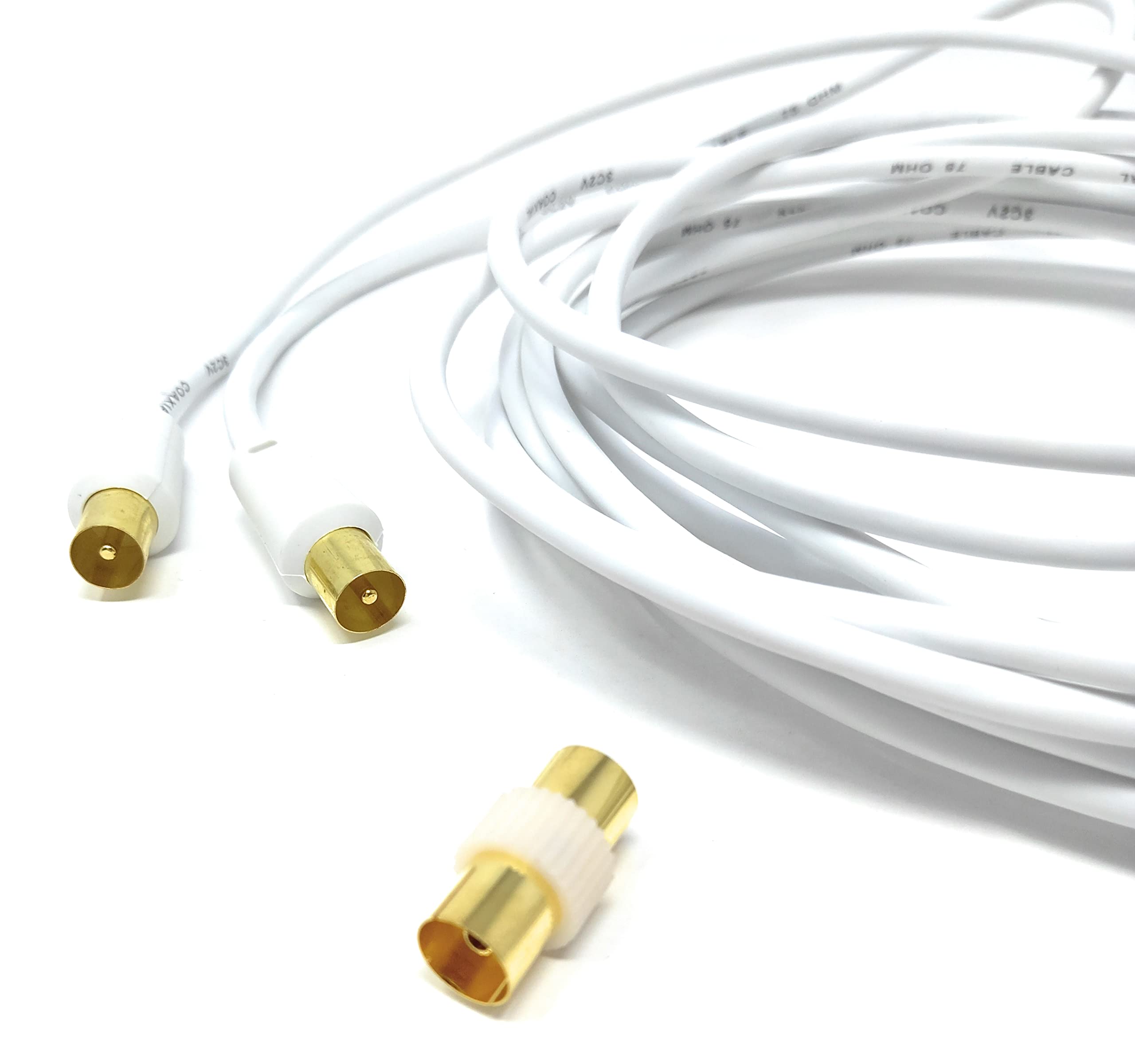 DRUT 5m TV RF Male to Male Aerial Antenna Coaxial Cable With Female to Female Coupler, Gold Connectors 75 ohm, 3C2V 16.5ft White