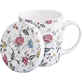 Sizikato Porcelain Mug with Lid, 10oz Bone China Milk Mug Coffee Mug, Colorful Floral Pattern