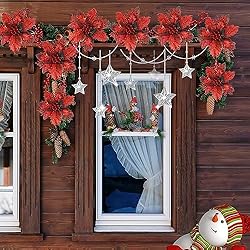GREENTIME 12 Pcs Glitter Poinsettia 5.5" Artificial