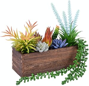 WuGeShop 10 Pcs Faux Potted Artificial Succulents Plant with a Wooden Rectangular Window Flower Box, Assorted Fake Succulents Plants in Pot, Rustic Wedding Decor Flower Arrangements