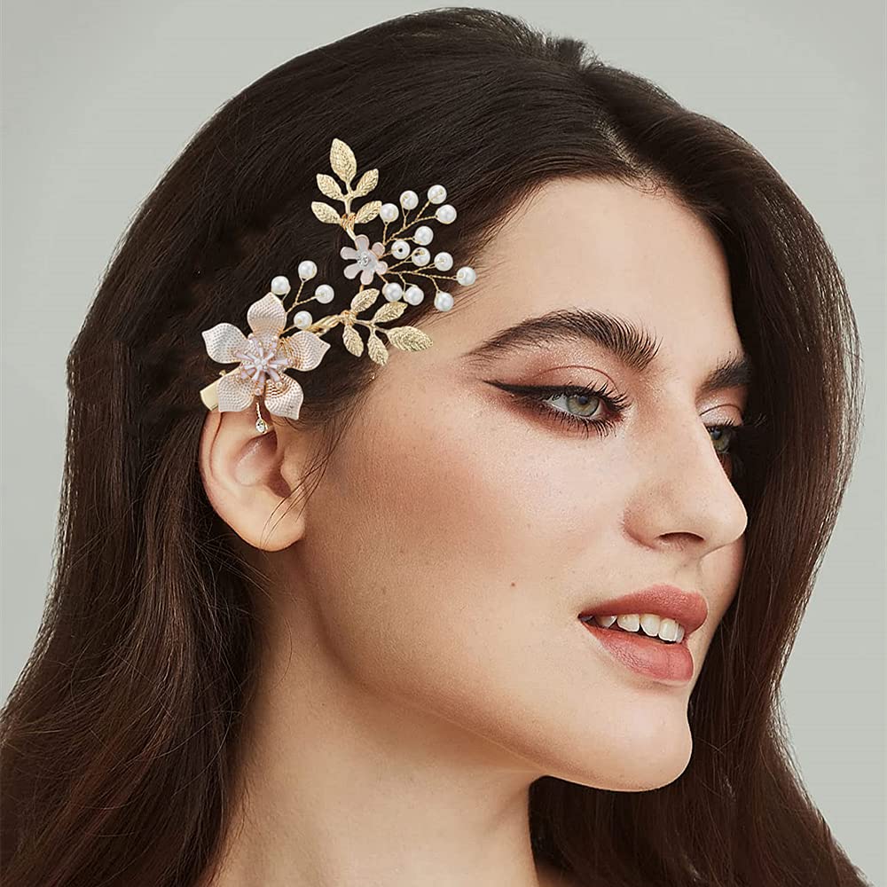 Shining Pearl Bridal Hair Clip - Gold Fascinators for Weddings, Wedding Hair Accessories for Women, Girls