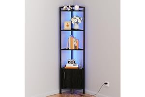Furnulem Corner Shelf,5-Tier Corner Cabinet with Storage and LED Light, 62.8” Standing Display Bookshelf for Bedroom, Living Room, Kitchen, Wood Display Shelf (Black Oak)