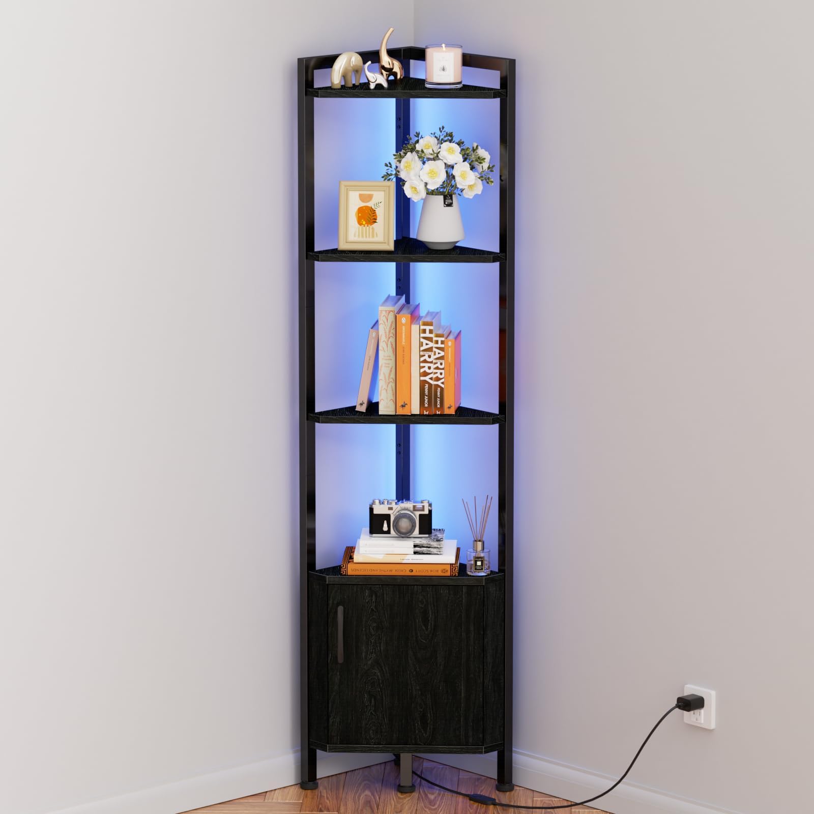 Photo 1 of Furnulem Corner Shelf,5-Tier Corner Cabinet with Storage and LED Light, 62.8” Standing Display Bookshelf for Bedroom, Living Room, Kitchen, Wood Display Shelf (Black Oak)