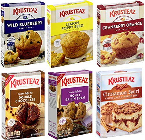 Krusteaz Muffin Mix Variety Pack #2 + Baking Liner. Flavors: Cranberry Orange; Blueberry; Lemon Poppy Seed; Double Chocolate; Cinnamon Swirl; Honey Raisin Bran. Bundle of 6 Muffin Mix Care Package