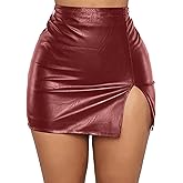 ASKHOPE Women's Faux Leather Skirt High Waisted Stretchy Bodycon Mini Skirt with Slit Short Skirts for Club Party