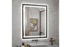 SNUGACE 24"x 32" LED Bathroom Mirror with Black Frame, Stepless Dimmable, Anti-Fog, Shatter-Proof, Memory, 3 Colors, LED Vanity Mirror