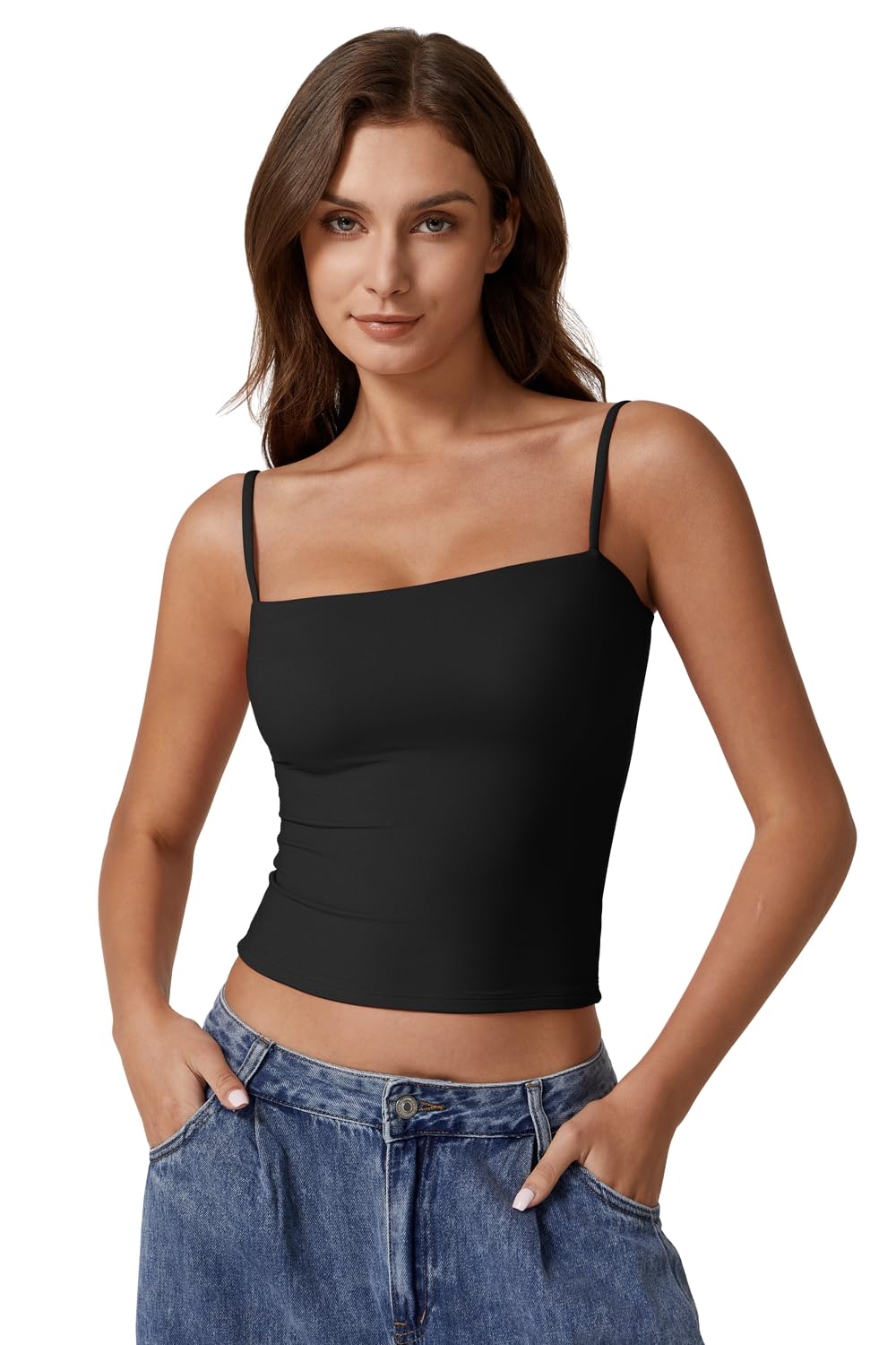 QINSEN Women's Double Lined Basic Tank Top Adjustable Spaghetti Straps Sleeveless Camisole Shirts