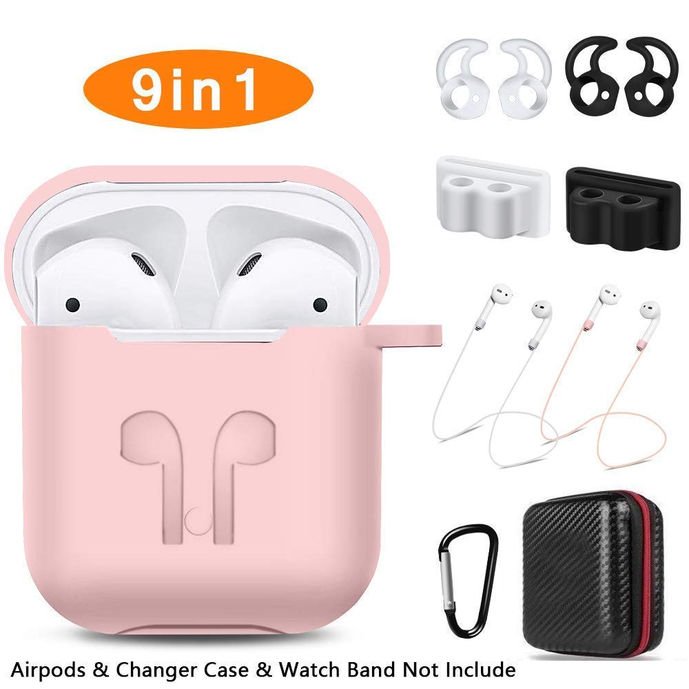AirPods Case, Bipra 9 in 1 AirPods Accessories Set Protective Silicone Cover and Skin Compatible Apple AirPods Charging Case with Watch Band Holder/Ear Hook/Keychain/Strap/Carrying Box (Pink)