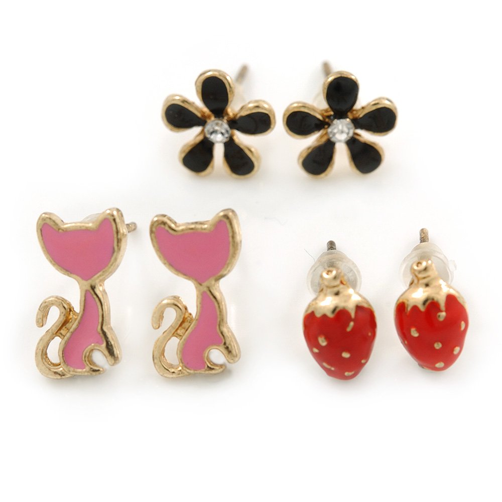 Children's/Teen's/Kid's Black Flower, Red Strawberry, Pink Cat Stud Earring Set In Gold Tone - 10-12mm