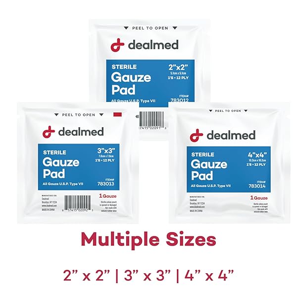 DEALMED 2’’ X 2’’ STERILE GAUZE PADS (100 COUNT) DISPOSABLE AND INDIVIDUALLY WRAPPED MEDICAL GAUZE PADS, WOUND CARE PRODUCT FOR FIRST AID KIT AND MEDICAL FACILITIES (PACK OF 1)