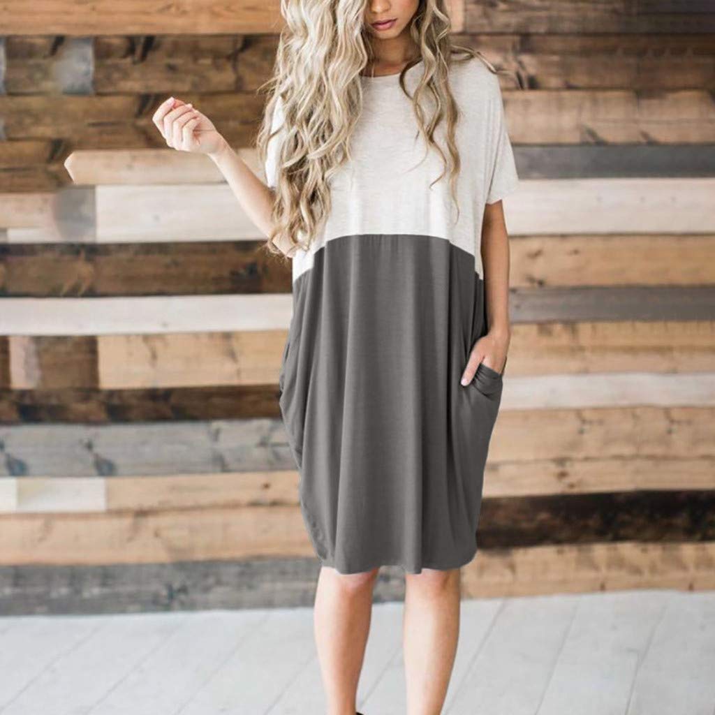 POTO Women Dresses, Loose Color Stitching Casual Dresses with Pockets Cotton Linen Tunic Dress Party Dress Beach Dress