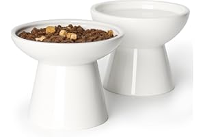 YauYik Extra Wide Raised Cat Food Bowl - Ceramic Cat Bowls for Food and Water, Elevated Shallow Cat Food Dish, Whisker Stress-Free, Great Height for Cats - 2 Pack, White