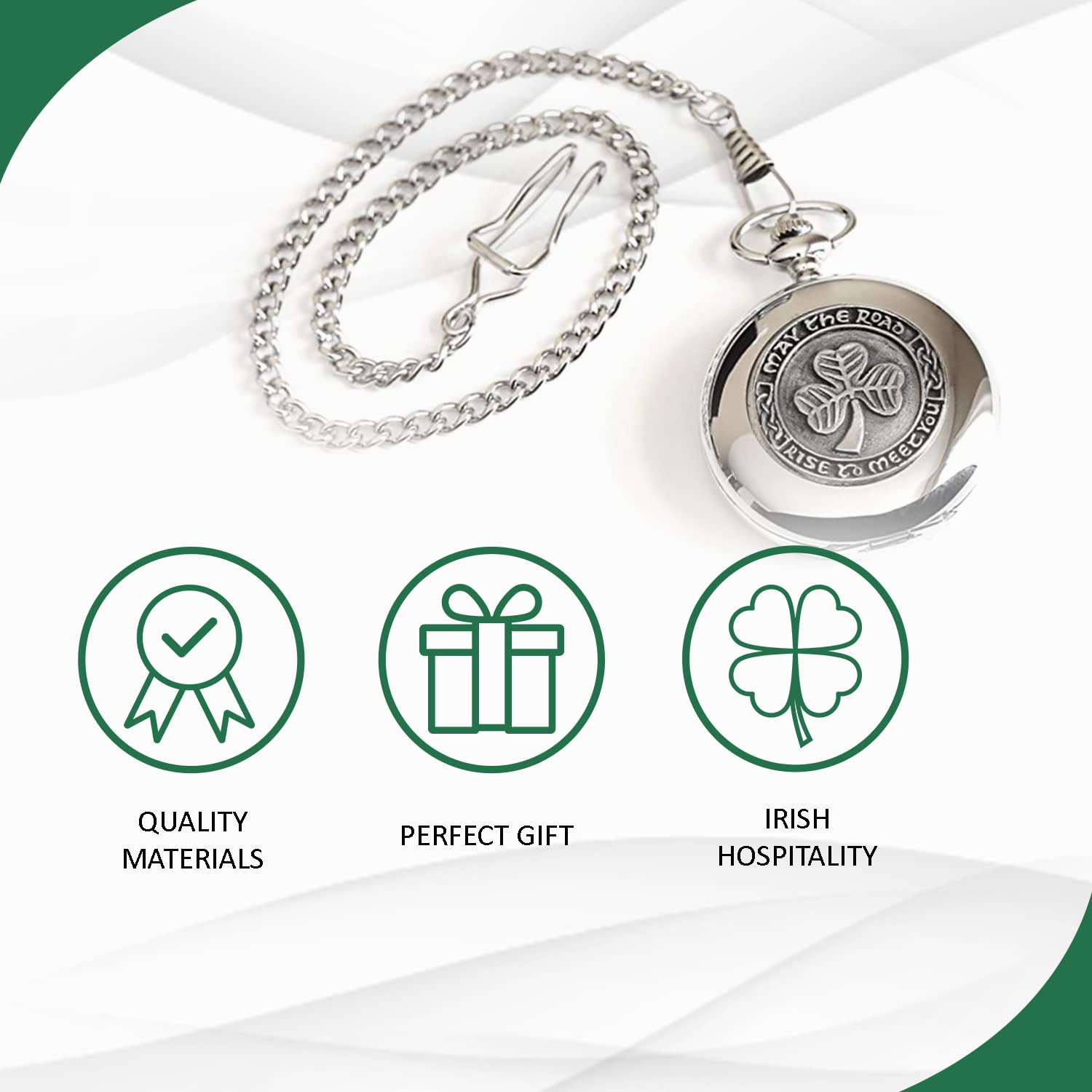 Biddy Murphy Shamrock Pocket Watch Made in Ireland Shamrock Pewter Medallion Stainless Steel Case with Chain, Made in Ireland