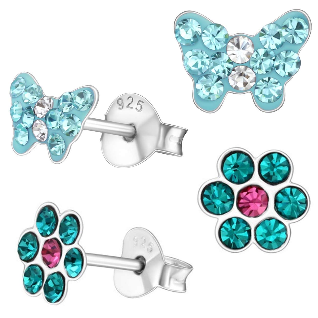 2 Pairs of Pink Stud Earrings Small Crystal Butterfly + Flower 925 Silver Girls Children Earrings, Crystal, Rhinestone,