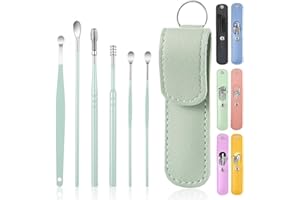 PPIOOY 6 Pcs Ear Pick Earwax Removal Kit, Cleansing Tool Set, Curette Cleaner, 360degree Spiral Design Canal Cleaner Stainless Steel, with a Storage Box Portable Kit (Green), 11.7x2.8x2cm