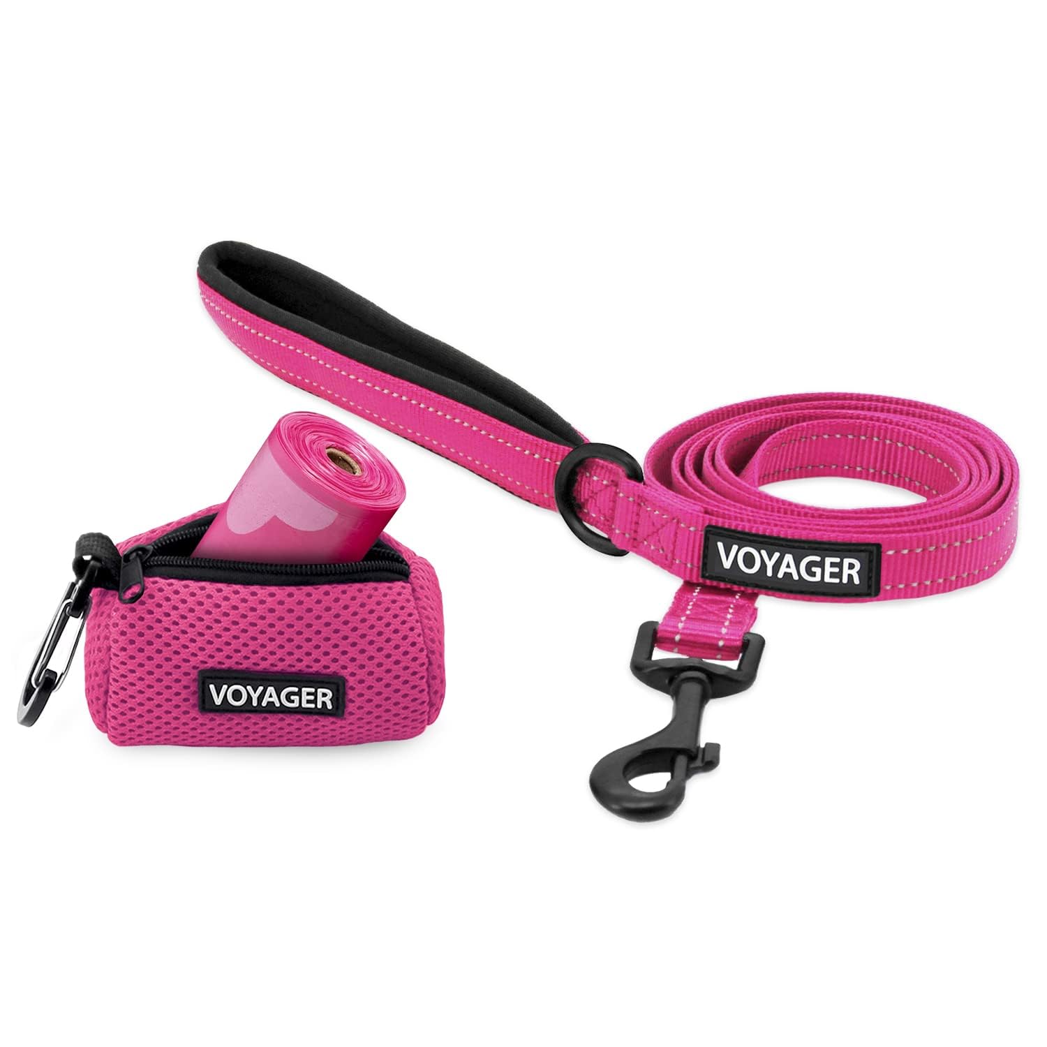Voyager Reflective Dog Leash with Neoprene Handle and Reusable Mesh Dispenser Poop Bag Holder by Best Pet Supplies, Fuchsia, size S