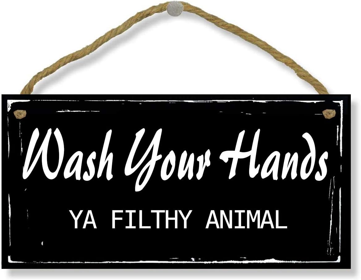 VAVD 5 x 10 Inch Bathroom Sign - Wash Your Hands Ya Filthy Animal Wood Home Decor Decorative Funny Sign