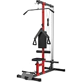LAT Pull Down Machine with High and Low Pulley Station, LAT Row Cable Machine with Adjustable Legs Support, Heavy Duty Back Exercise Equipment for Home Gym Strength Training, Black Red