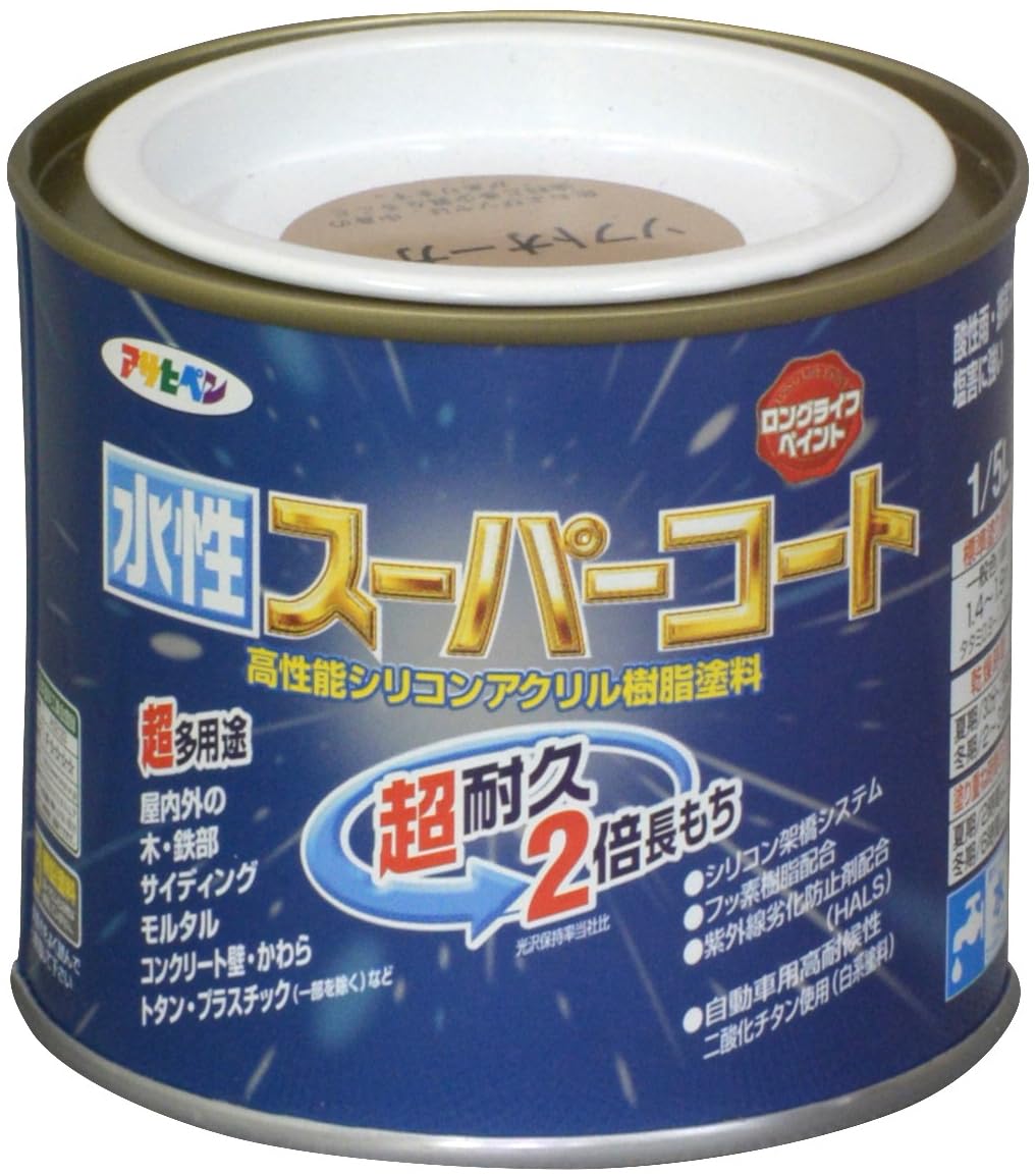 アサヒペン 塗料 ペンキ 水性スーパーコート 1/5L ソフトオーカー 水性 多用途 ツヤあり 1回塗り 超耐久 ロングライフペイント 特殊フッ素樹脂配合 サビドメ剤配合 紫外線劣化防止剤配合 シックハウス対策品 日本製商品画像