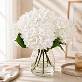 FLEURIFI Hydrangea Artificial Flowers in Vase Fake Flowers for Home Decor | Real Touch White Hydrangea Faux Flowers with Faux Water for Bedroom Bathroom Office Table Centerpiece