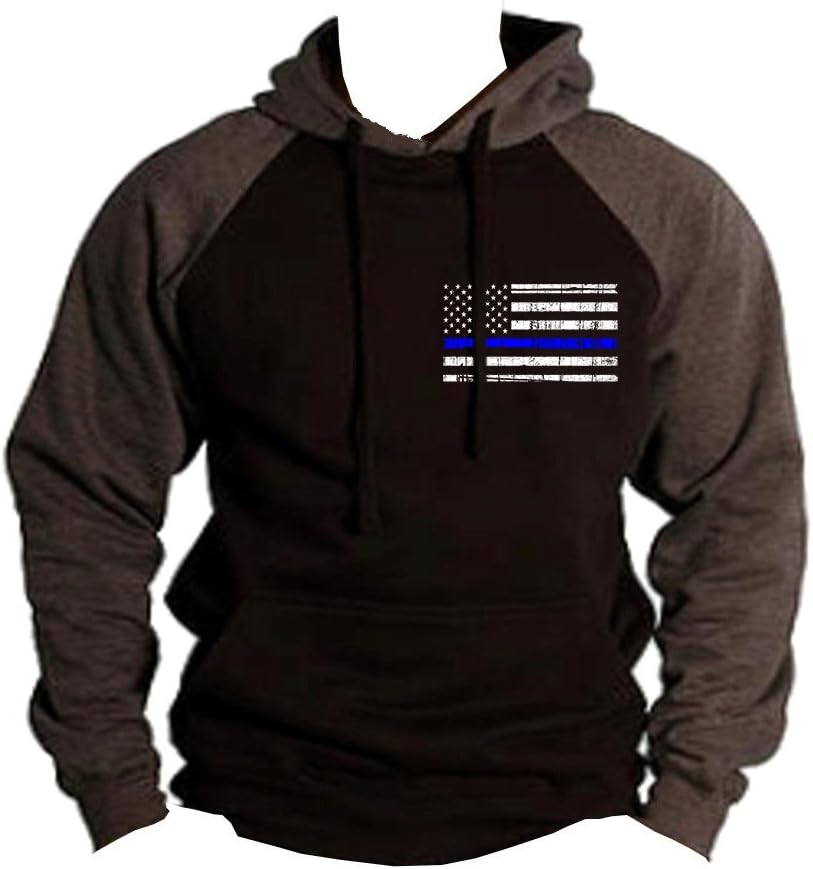 Interstate Apparel Men's Thin Blue Line Police Flag Black/Charcoal Raglan Baseball Hoodie Sweater Black