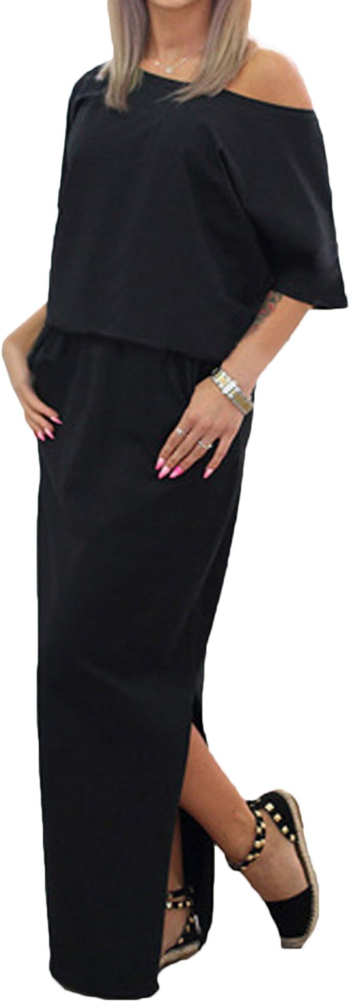 Elevesee Women's Off Shoulder Side Slit Casual Maxi Dress with Pockets