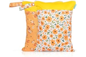 MOMIGO 2 pcs/set Wet Dry Bags for Baby Cloth Diapers - Reusable, Washable for Stroller, Diapers, Toiletries, Travel Bags, Beach, Pool, Gym Bag with Two Zippered Pockets 11.8 * 15.7 inch (Orange Flower)