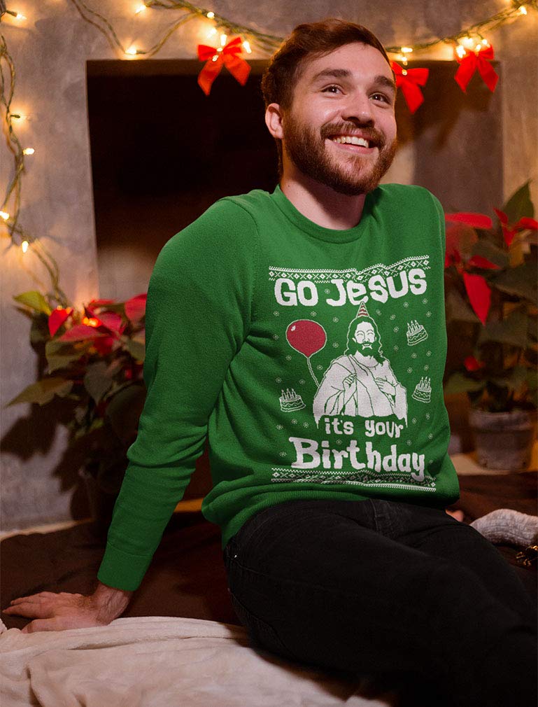 Tstars Go Jesus It\'s Your Birthday Ugly Christmas Sweater Men\'s Sweatshirt Large Green
