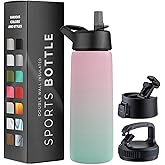 Triple-Insulated Stainless Steel Water Bottles with Straw, 25 Oz Reusable Insulated Water Bottles with 3 Lids, Metal Water Bottle for Travel, School, Sports, Gym/Men, Women & Kids (Dreamy Pink-green)