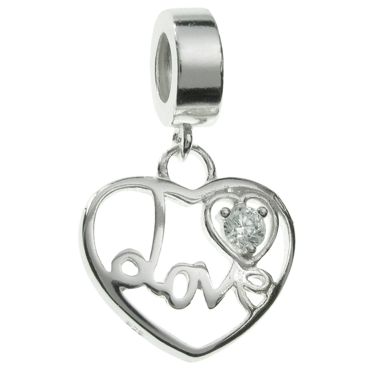 Queenberry Sterling Silver Love Heart Cubic Zirconia European Style Dangle Bead Charm