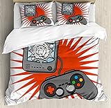 Lunarable Games Duvet Cover Set, Kids Video Games Themed Design in Retro Style Gamepad Console Entertainment, Decorative 3 Piece Bedding Set with 2 Pillow Shams, Queen Size, Orange White