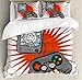 Boy's Room Duvet Cover Set Queen Size by Lunarable, Video Games Themed Design in Retro Style Gamepad Console Entertainment, Decorative 3 Piece Bedding Set with 2 Pillow Shams, Orange Grey White