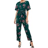 Women's Floral Jumpsuit, Short Sleeve, Green with Purple Roses, Belted Waist