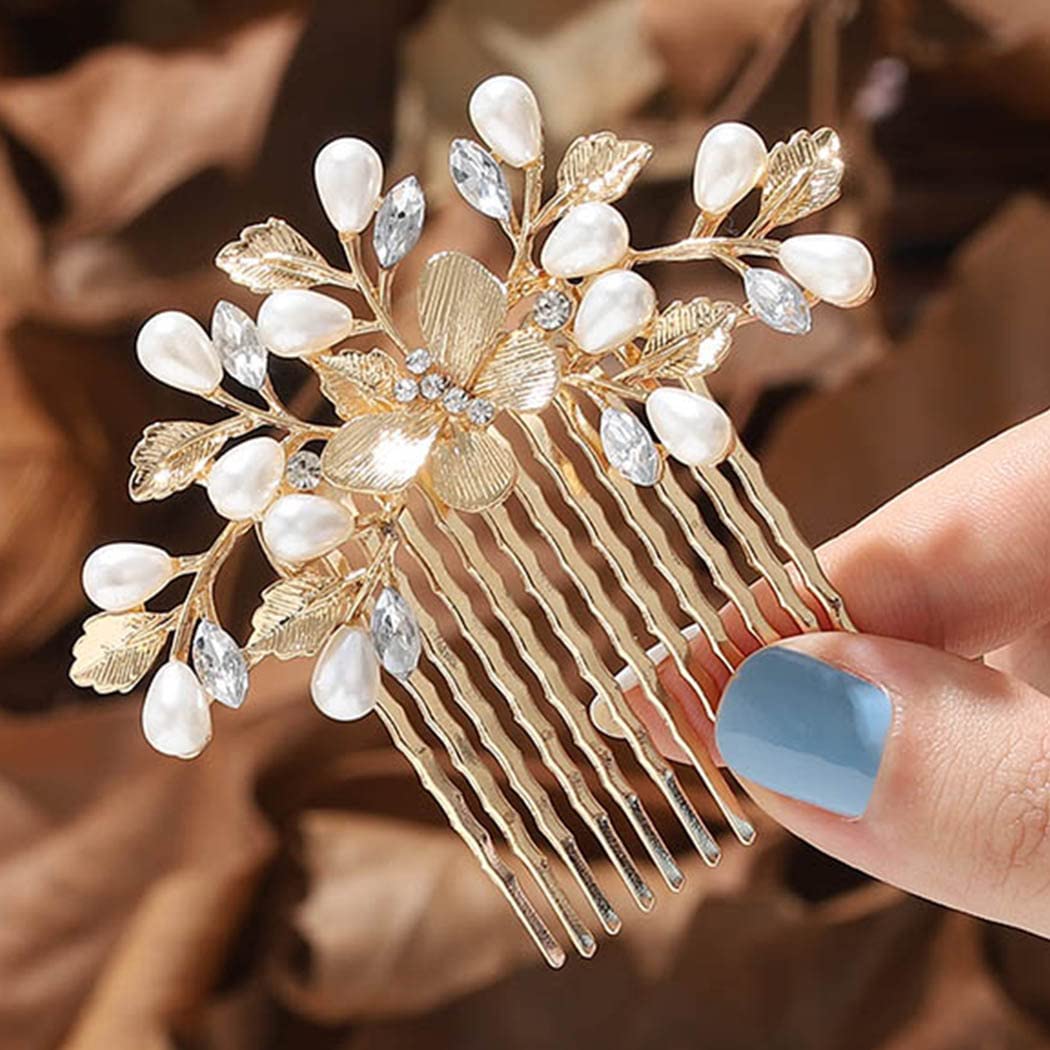 Runmi Bride Wedding Hair Combs Gold Headpieces Pearl Bridal Hair Accessories Leaf Hair Piece for Women and Girls… (Gold)