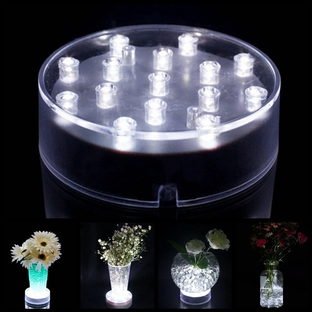 Acmee (Pack of 2 Battery Operated 4 Inch Round Super Bright LED Plate Light, Display Light Base for Crystals, 15 LED Vase Base for Wedding Table (Transparent Case)