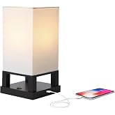 Brightech Maxwell Bedside Lamp with USB Port &ndash; Compact Table Lamp for Bedroom, Living Room - Modern Asian Nightstand Lamp with Wood Frame - LED Bulb, Soft Light - Black