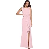 Betsy & Adam Women's Long Sleeveless Boat Neck Ruffle Side Slit Scuba Crepe Gown