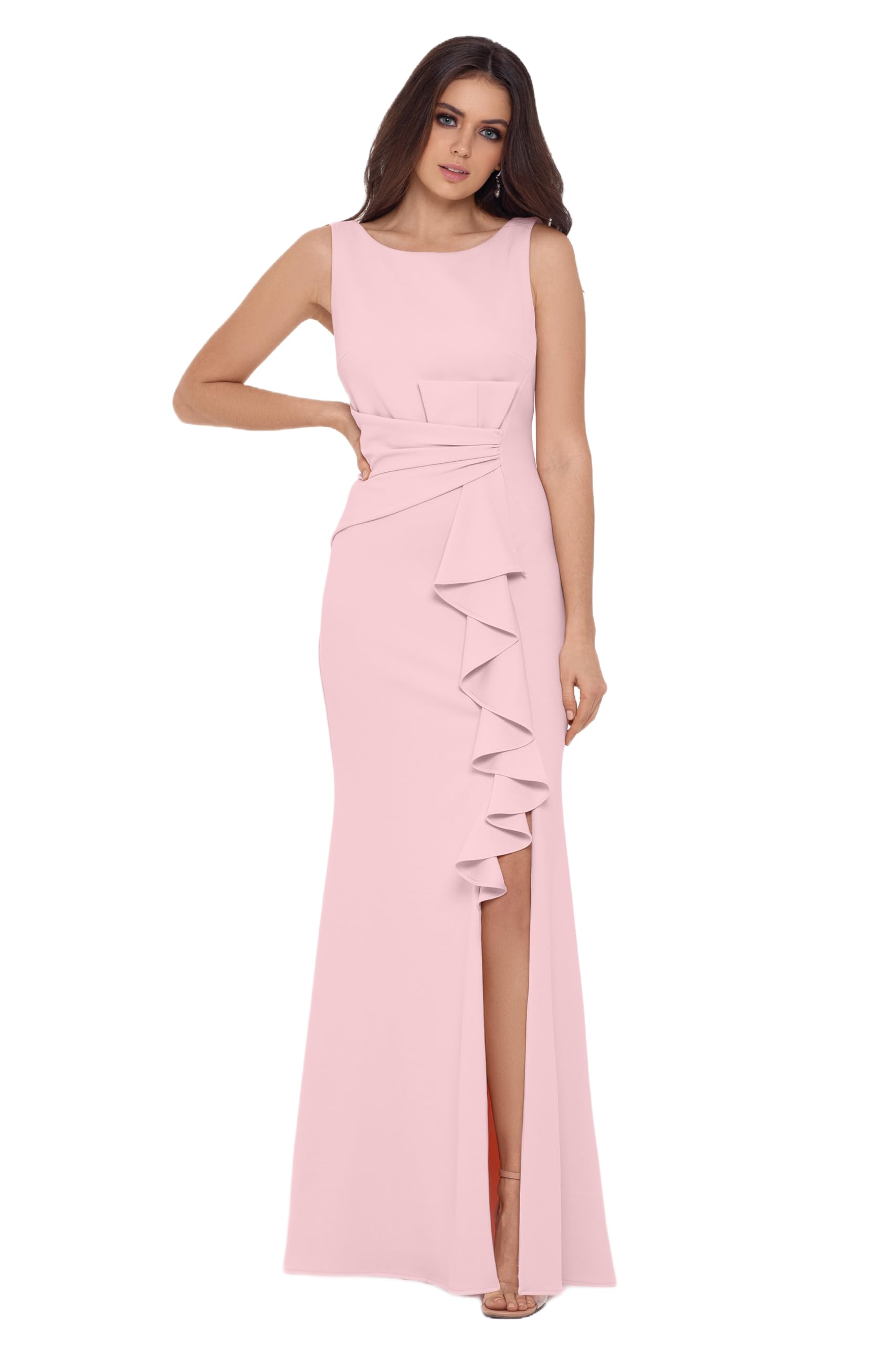 Betsy & Adam Women’s Long Sleeveless Boat Neck Ruffle Side Slit Scuba Crepe Gown, Rose