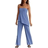 Tankaneo Womens 2 Piece Outfits Asymmetrical Tube Top Wide Leg Pants Knit Vacation Travel 2025 Matching Lounge Sets