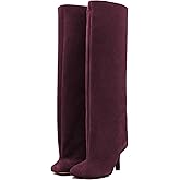 UBWDU Women's Suede Knee High Boots Square Toe Stiletto Heels Wide Calf Tall Boots