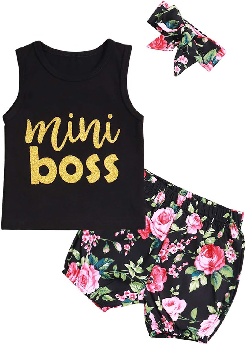 Baby Girl Clothes Mini Boss Sleeveless Black Tops +Floral Print Pants+Headband Newborn Summer Outfit Set
