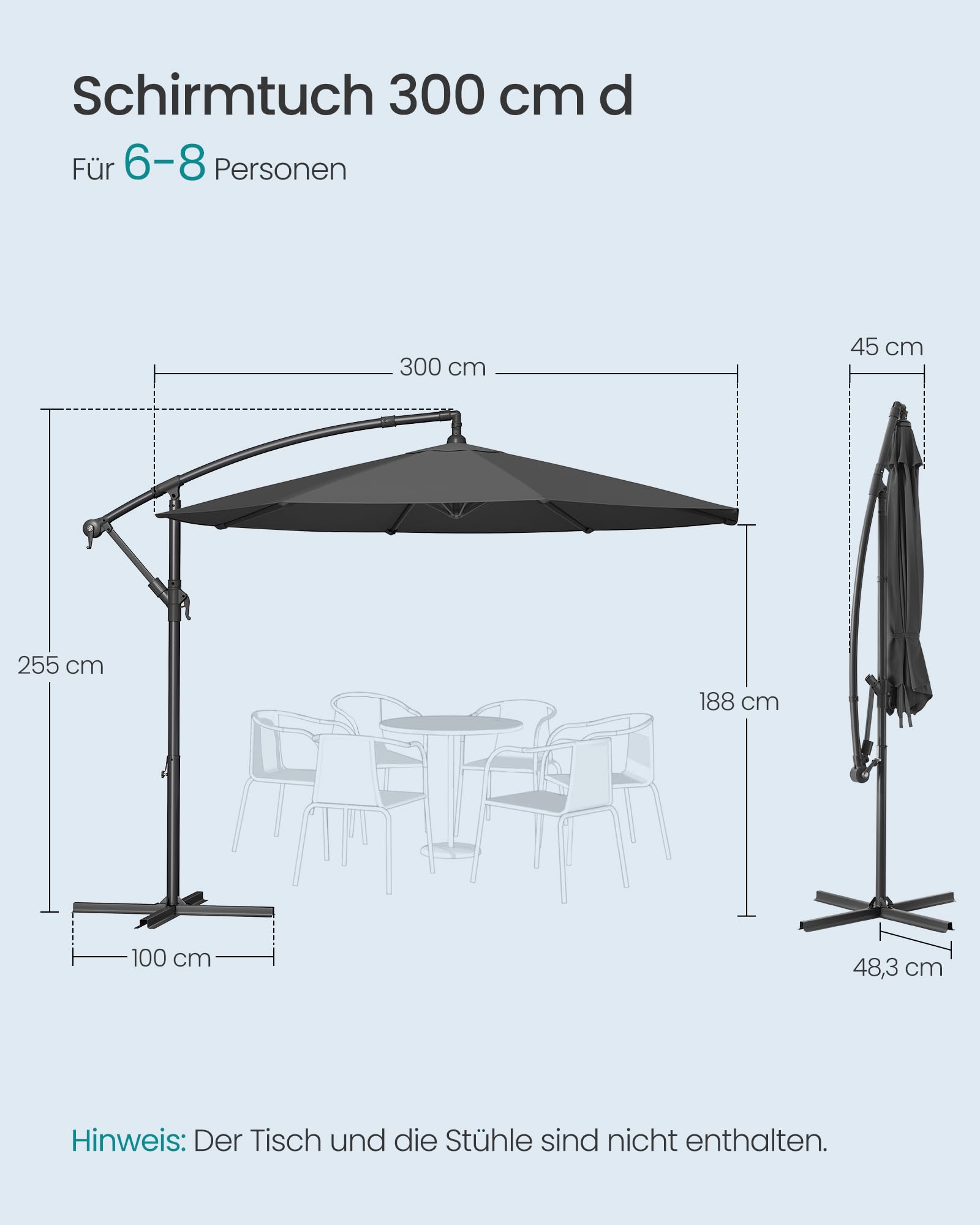 SONGMICS Sonnenschirm, Ampelschirm 300 cm d, mit Ständer, Sonnenschutz Balkon, Balkonschirm, UV-Schutz UPF 50+, mit Kurbel zum Öffnen und Schließen, Terrasse, Garten, grau GPU116G01 5