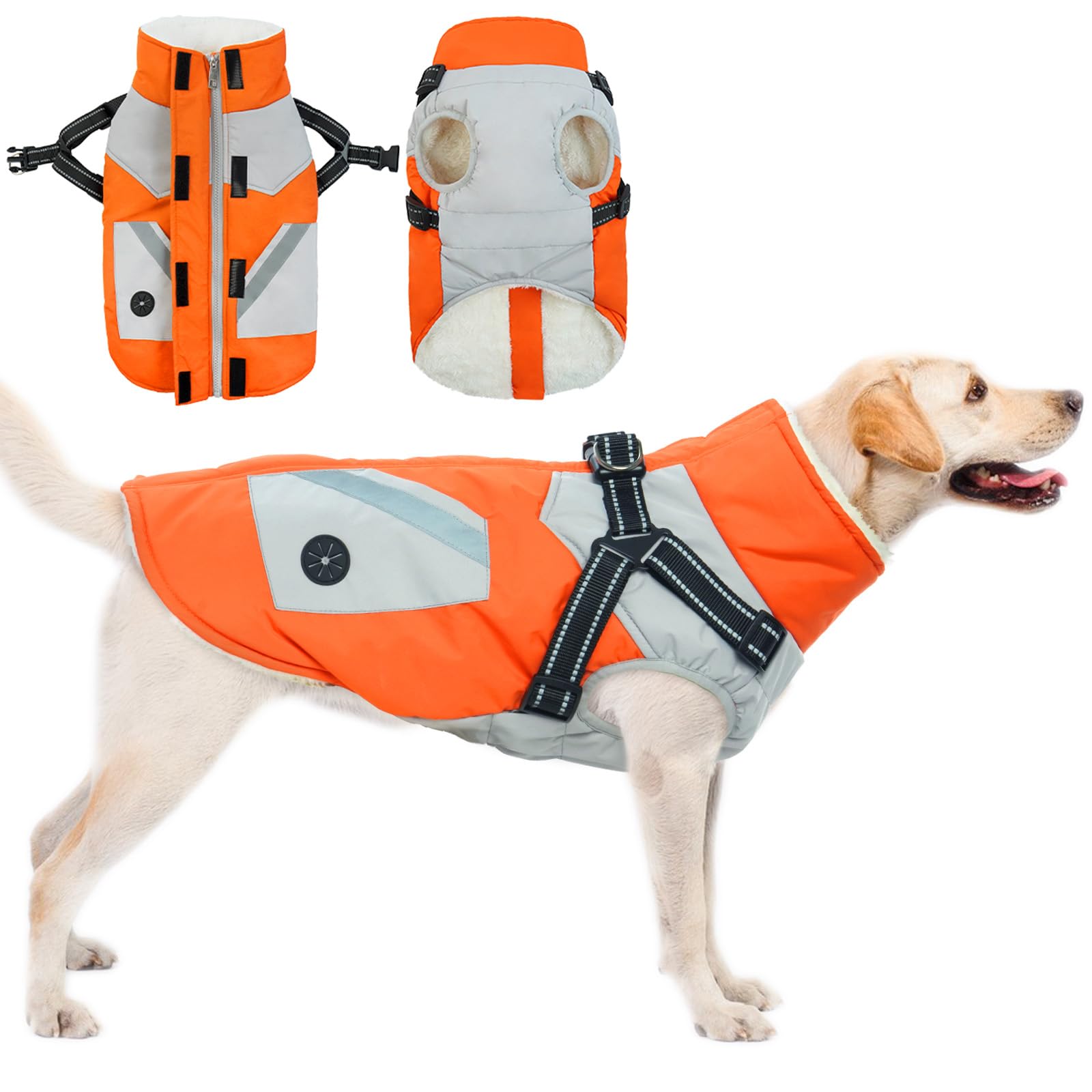 Dog Coat with Harness Built In, Warm Coat Medium with Harness Incorporato Dog 3 in 1 jacket Waterproof Suit Cold Weather(Orange, M)