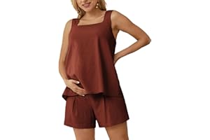 Maacie Maternity 2 Pieces Outfits Summer Linen Shorts Sets Tank Tops Wide Legs Shorts with Pockets