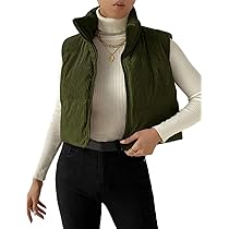 Gihuo Women's Corduroy Puffer Vest Cropped Stand Collar Zip